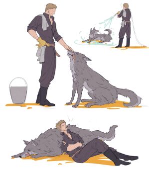 animalization bath beard_stubble black_boots boots brown_hair bucket cidolfus_telamon clive_rosfield closed_eyes commentary crossed_arms english_commentary facial_hair facial_scar final_fantasy final_fantasy_xvi full_body gloves grey_pants grey_shirt highres holding holding_hose hose male_focus multiple_views pants petting reclining scar scar_on_cheek scar_on_face shirt short_hair sleeping sleeves_rolled_up smoke smoking spraying stubble tongue tongue_out white_background wibble_w wolf yellow_gloves