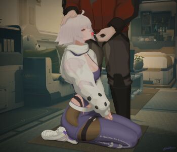 1girl aa-12_(girls&#039;_frontline) absurdres ahoge breasts candy closed_eyes commander_(girls&#039;_frontline) food girls&#039;_frontline girls&#039;_frontline_2:_exilium grey_hair highres kneeling large_breasts lind_(girls&#039;_frontline_2) lollipop medium_hair nishibuya pants purple_pants shoes shrug_(clothing) sneakers