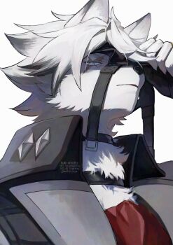 1boy animal_ear_fluff animal_ears ascot black_gloves body_fur collared_vest colored_tips eyepatch eyepatch_lift fingerless_gloves furry furry_male gloves gold_ring grey_eyes grey_vest male_focus multicolored_hair muzzle_(mask) open_mouth portrait red_ascot scar scar_across_eye scar_on_face shirt short_hair simple_background solo vest von_lycaon white_fur white_hair white_shirt wolf_boy wolf_ears zenless_zone_zero zx8013xz