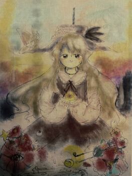 1other 2girls black_hat blonde_hair brown_dress brown_eyes brown_feathers brown_ribbon bubble collar crescent cupping_hands dolls_in_pseudo_paradise dress faux_traditional_media feathers flower frilled_collar frills hair_between_eyes hat hat_feather highres jacket_girl_(dipp) label_girl_(dipp) light_blush long_hair long_sleeves looking_at_viewer multiple_girls muted_color noose object_floating_above_hand on_ground own_hands_together pechi_(h0t_c0ffee) red_flower ribbon smile smoking_pipe splotch star_(symbol) touhou triangle_mouth vase very_long_hair watercolor_effect white_collar white_sleeves wings yellow_eyes yellow_flower zun_(style)