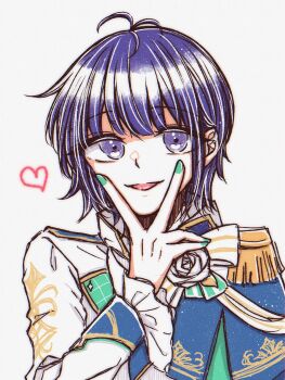 Rule 34 | 1girl, antenna hair, bow, epaulettes, fingernails, flower, frilled sleeves, frills, green nails, grey background, hand up, heart, highres, jacket, long sleeves, looking at viewer, nail polish, official alternate costume, official alternate hair length, official alternate hairstyle, parted lips, purple eyes, purple hair, rose, sail (clipper 67), short hair, shoujo kageki revue starlight, simple background, single epaulette, smile, solo, striped bow, tsuyuzaki mahiru, upper body, v, v over mouth, white bow, white flower, white jacket, white rose