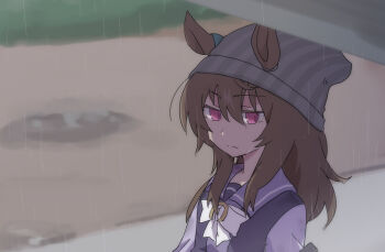 1girl beanie beer_hsk blurry blurry_foreground bow brown_hair day depth_of_field ears_through_headwear grey_hat hair_between_eyes hat long_hair nakayama_festa_(umamusume) outdoors purple_eyes purple_shirt rain school_uniform shirt solo striped_clothes striped_headwear tracen_school_uniform umamusume vertical-striped_clothes vertical-striped_headwear wet wet_hair white_bow