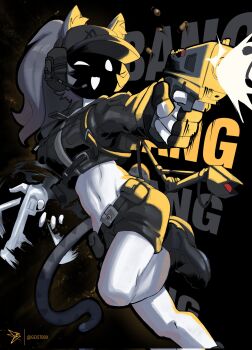 1girl ;) animal_ears artist_name black_jacket black_shoes black_shorts borrowed_character casing_ejection cat_ears cat_girl cat_tail commentary crop_top english_commentary english_text finger_on_trigger fingerless_gloves firing geistbox gloves gun handgun highres holding holding_gun holding_weapon jacket midriff muzzle_flash one_eye_closed original pale_skin ponytail revolver shell_casing shoes shorts smile sound_effects tail weapon