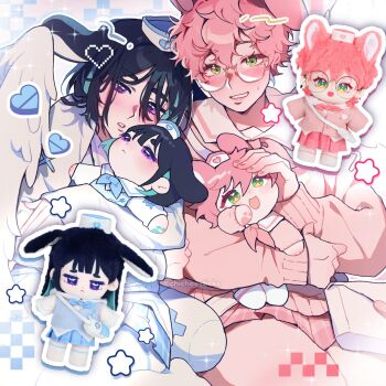 2girls alien_stage alternate_costume angel_wings bag black_hair blue_skirt blue_sweater cardigan character_doll chicheesticks commentary doll english_commentary glasses green_eyes hat heart highres holding holding_doll mizi_(alien_stage) multiple_girls nurse_cap pink_cardigan pink_hair pink_skirt purple_eyes sailor_collar short_hair shoulder_bag skirt star_(symbol) sua_(alien_stage) sweater very_short_hair white_bag white_sailor_collar white_wings wings