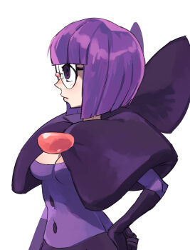 1girl blunt_bangs bob_cut breasts cleavage dress elbow_gloves expressionless from_side glasses gloves hand_on_own_hip highres low-cut neck_pillow nintendo orisghost pokemon pokemon_bw profile purple_dress purple_eyes purple_gloves purple_hair shauntal_(pokemon) short_hair solo upper_body