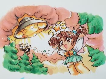 Rule 34 | 1girl, abduction, animal, arms up, bow, brown eyes, brown hair, chibi, chibi only, cloud, commentary request, cow, flying saucer, green skirt, green vest, hair bobbles, hair ornament, highres, kokomahi, miniskirt, nagakura emiru, official art, open mouth, outdoors, pine tree, pleated skirt, sailor collar, school uniform, sentimental graffiti, serafuku, shirt, short hair, short twintails, skirt, smile, solo, spacecraft, standing, star (symbol), sunset, tears, thighhighs, traditional media, tree, twintails, ufo, vest, white sailor collar, white shirt, yellow bow, yellow thighhighs