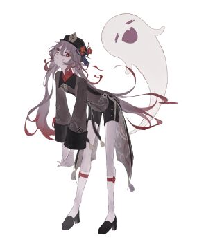 1girl absurdres black_hat black_shoes black_shorts boo_tao_(genshin_impact) brown_hair brown_shirt chinese_clothes coattails collar flower flower-shaped_pupils genshin_impact ghost hat hat_flower hat_tassel high_heels highres hu_tao_(genshin_impact) ika_(35513985) kneehighs long_hair looking_at_viewer multicolored_hair plum_blossoms porkpie_hat red_collar red_eyes red_hair shirt shoes shorts simple_background socks solo symbol-shaped_pupils tailcoat very_long_hair white_background white_socks