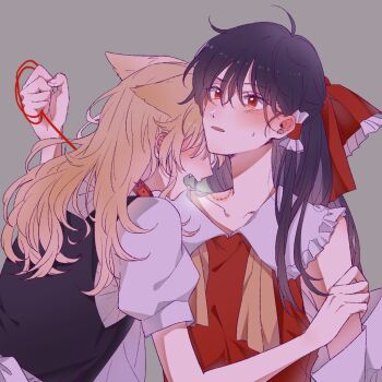 2girls animal_collar animal_ears bite_mark bite_mark_on_neck black_vest blonde_hair blush bow breath brown_hair collar commentary_request detached_sleeves dog_ears dog_girl frilled_bow frilled_hair_tubes frills hair_bow hair_tubes hakurei_reimu hitte5416 holding holding_leash kemonomimi_mode kirisame_marisa leash long_hair multiple_girls puffy_short_sleeves puffy_sleeves red_bow red_collar red_eyes short_sleeves sweatdrop touhou vest yuri