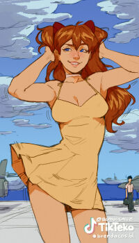 1boy 1girl absurdres aircraft airplane bare_shoulders blanclauz blue_eyes brown_hair choker cloud cowboy_shot dancing dress fighter_jet freckles frontal_upskirt hands_on_own_head highres ikari_shinji long_hair military military_vehicle neon_genesis_evangelion ocean ship short_dress smirk souryuu_asuka_langley tiktok twintails twitter_username warship watercraft yellow_dress