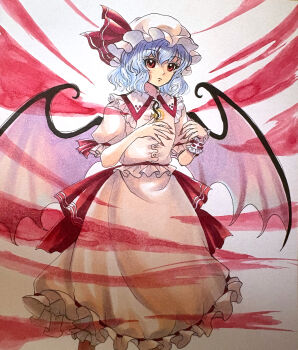 1girl absurdres bat_wings blue_hair closed_mouth collared_shirt commentary_request fingernails frilled_shirt_collar frilled_skirt frills hat hat_ribbon highres long_fingernails looking_at_viewer mitsu~ mob_cap puffy_short_sleeves puffy_sleeves red_eyes red_nails remilia_scarlet ribbon sharp_fingernails shirt short_sleeves single_wrist_cuff skirt solo touhou traditional_media white_hat white_shirt white_skirt wings wrist_cuffs