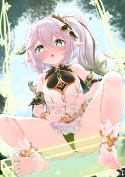 1girl bare_shoulders black_panties blue_sky blush cross-shaped_pupils day dress female_focus finger_frame from_below genshin_impact gmkj gradient_hair green_eyes green_hair grey_hair hair_between_eyes hair_ornament highres loli looking_at_viewer looking_down multicolored_hair nahida_(genshin_impact) no_shoes open_mouth outdoors panties pointy_ears side_ponytail sky sleeveless sleeveless_dress socks soles solo squatting swing symbol-shaped_pupils teeth toeless_legwear toes underwear upper_teeth_only white_dress white_socks