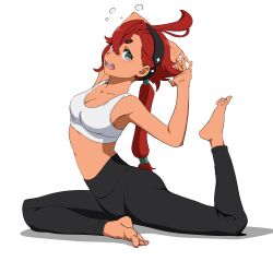 Rule 34 | 1girl, absurdres, barefoot, breasts, cleavage, collarbone, commentary request, crop top, feet, green eyes, gundam, gundam suisei no majo, hide12862152, highres, long hair, looking at viewer, open mouth, pants, red hair, shirt, simple background, sleeveless, sleeveless shirt, solo, stretching, suletta mercury, teeth, thick eyebrows, upper teeth only, white background, white shirt, yoga pants