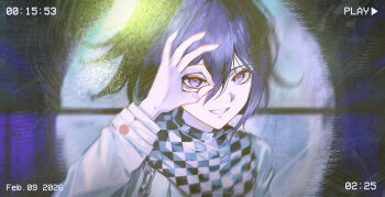 Rule 34 | 1boy, absurdres, blurry, blurry background, checkered clothes, checkered scarf, commentary, danganronpa (series), danganronpa v3: killing harmony, flipped hair, hair between eyes, hand up, highres, kuryugi, long sleeves, looking at viewer, male focus, ok sign, ok sign over eye, oma kokichi, portrait, purple eyes, purple hair, recording, ringed eyes, scarf, short hair, smile, solo, timestamp, two-tone scarf, untranslatable commentary, viewfinder