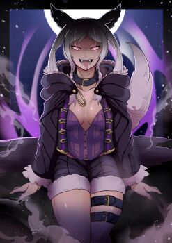 1girl absurdres ailheim alternate_costume animal_ears aura breasts corruption fake_animal_ears female_robin_(fire_emblem) female_robin_(halloween)_(fire_emblem) fire_emblem fire_emblem_awakening fire_emblem_heroes glowing glowing_eyes grima_(fire_emblem) halloween halloween_costume highres looking_at_viewer medium_breasts moon moonlight nintendo official_alternate_costume red_eyes sharp_teeth slit_pupils tail teeth thighs tongue tongue_out wolf_ears wolf_tail