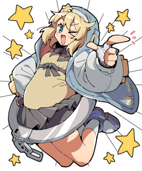 Rule 34 | 1boy, :d, androgyne symbol, blonde hair, blue jacket, blue shoes, bridget (guilty gear), brown shirt, double-parted bangs, fingerless gloves, full body, gloves, green eyes, grey gloves, grey skirt, guilty gear, guilty gear strive, hand up, highres, hood, hood up, hooded jacket, itsuka neru, jacket, long sleeves, looking at viewer, male focus, miniskirt, one eye closed, open clothes, open jacket, open mouth, pointing, pointing at viewer, shirt, shoes, short hair, single handcuff, skirt, smile, solo, star (symbol), trap, v-shaped eyebrows, white background