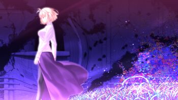 1girl ahoge arcueid_brunestud arm_at_side aura black_pantyhose blonde_hair breasts from_side game_cg grass hair_between_eyes hair_intakes highres jewelry necklace non-web_source official_art pantyhose plant purple_skirt red_arcueid red_eyes short_hair side_slit sideboob skirt smile sweater takeuchi_takashi third-party_source tsukihime tsukihime_(remake) turtleneck turtleneck_sweater vines white_sweater wreckage