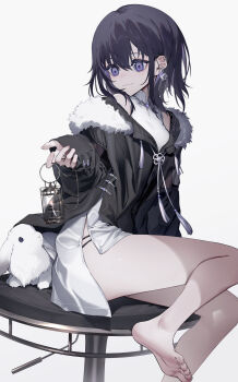 1girl absurdres animal barefoot black_hair black_jacket closed_mouth commentary_request dress earrings fur-trimmed_jacket fur_trim grey_background hair_between_eyes haizome_senri highres holding holding_lantern jacket jewelry lantern looking_down looking_to_the_side multicolored_hair original purple_eyes purple_hair rabbit simple_background sitting smile soles solo stool two-tone_hair white_dress