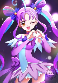 1girl ahoge boots bow breasts brooch choker cosplay cure_kyunkyun cure_sword cure_sword_(cosplay) dokidoki!_precure hair_ornament heart heart_brooch heart_hands highres idol_heart_brooch_(precure) jewelry kimi_to_idol_precure long_hair looking_at_viewer magical_girl momotarouooi one_eye_closed precure purple_arm_warmers purple_bow purple_choker purple_hair purple_skirt purple_thighhighs season_connection shigure_kokoro skirt smile stage_lights thighhighs twintails watermark yellow_eyes