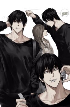 1boy 1girl arm_behind_head banknote black_hair black_shirt character_request collarbone dollar_bill fushiguro_touji hair_between_eyes highres holding holding_phone jujutsu_kaisen money multiple_views parted_lips phone profile shirt short_hair simple_background smile sso_s teeth white_background