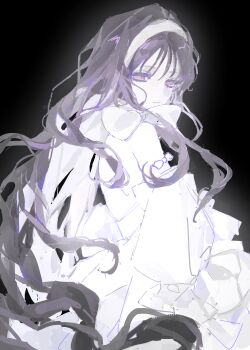 Rule 34 | 1girl, absurdres, alien stage, black background, black hair, bow, chinese commentary, closed mouth, commentary request, dizhu62612, dress, expressionless, from side, hairband, half-closed eyes, highres, long hair, official alternate hair length, official alternate hairstyle, partial commentary, purple eyes, solo, sua (alien stage), very long hair, white bow, white dress, white hairband