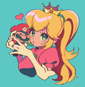 1girl blonde_hair blue_background blue_eyes commentary_request crown dress earrings elbow_gloves gloves gold_crown heart highres holding holding_stuffed_toy jewelry looking_at_viewer mario mario_(series) nintendo pink_dress ponytail princess_peach puckered_lips puffy_short_sleeves puffy_sleeves short_sleeves sidelocks sphere_earrings stuffed_animal stuffed_toy ukata upper_body white_gloves