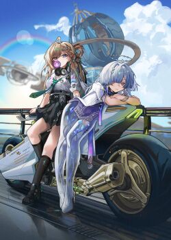2girls aqua_necktie black_skirt black_socks blonde_hair blowing_bubble_gum blue_sky breasts chewing_gum closed_mouth commentary_request day dress earrings fr-ee-dom grey_hair hair_ornament halo headphones headphones_around_neck high_heels highres id_card jacket jewelry long_hair looking_at_viewer lynae_(wuthering_waves) medium_breasts mornye_(wuthering_waves) motor_vehicle motorcycle multiple_girls necktie outdoors purple_dress purple_eyes red_eyes see-through_body shirt skirt sky socks tacet_mark_(wuthering_waves) white_jacket white_shirt wuthering_waves