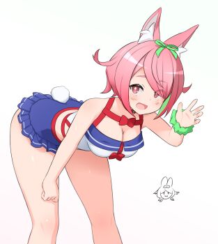 Rule 34 | 1girl, :d, animal ear fluff, animal ears, arm support, azuchi momo, azuchi momo (1st costume), bare arms, bare legs, bare shoulders, bent over, bow, breasts, cleavage, fang, feet out of frame, flipped hair, frills, green hair, green ribbon, green scrunchie, hair over one eye, hair ribbon, hand on own leg, hand up, highres, large breasts, light blush, looking at viewer, multicolored hair, nijisanji, open mouth, pink eyes, pink hair, rabbit tail, red bow, ria aerial, ribbon, scrunchie, short hair, simple background, skin fang, sleeveless, smile, solo, standing, star-shaped pupils, star (symbol), streaked hair, symbol-shaped pupils, virtual youtuber, waving, white background, wrist scrunchie, yellow pupils