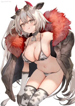 1girl :q animal_ears animal_print armpits bare_shoulders bikini black_choker black_coat breasts brown_eyes choker cleavage closed_mouth coat coat_on_shoulders commentary_request cow_ears cow_girl cow_horns cow_print cow_print_bikini cow_print_thighhighs cow_tail eyewear_on_head fur_trim gloves gradient_hair hand_on_own_knee horns kouyafu large_breasts looking_at_viewer multicolored_gloves multicolored_hair navel original print_bikini print_thighhighs short_hair simple_background smile solo stomach strap_gap string_bikini sunglasses swimsuit tail thighhighs thighs tongue tongue_out two-tone_gloves white_background white_bikini white_hair white_thighhighs