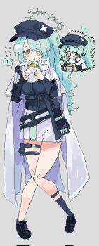 ! 1girl aqua_hair blue_archive burger chibi eating food full_body grey_background hair_over_one_eye halo highres hiyori_(blue_archive) holding holding_burger holding_food odmised side_ponytail simple_background solo spoken_exclamation_mark