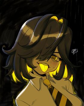 bags_under_eyes blush can't_be_this_cute dress_shirt glowing glowing_eyes glowing_hair highres joecanvas looking_at_viewer midas_(vtuber) mole necktie original shirt solo_focus tongue tongue_out virtual_youtuber