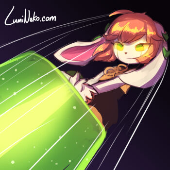 1girl ahoge animal_ears black_background bodysuit bracelet dog_ears empty_eyes expressionless eyebrows_hidden_by_hair eyelashes freedom_planet freedom_planet_2 furry galaxytrail glowing glowing_eyes green_eyes jewelry long_ears looking_down lumineko mechanization milla_basset motion_lines robot short_hair signature