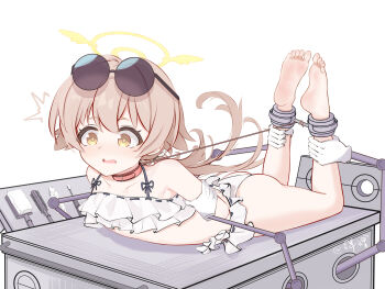 1girl ^^^ absurdres arms_behind_back ass banbanban_li bare_arms bare_legs bare_shoulders barefoot bikini blue_archive bound bound_arms bound_feet brown_hair chinese_commentary choker collarbone commentary electric_toothbrush eyewear_on_head feathers feet feet_up frilled_bikini frills full_body hair_between_eyes hair_brush hair_ornament halo hifumi_(blue_archive) hifumi_(swimsuit)_(blue_archive) highres hogtie light_blush long_hair looking_down lying mechanical_arm nobiiru_arm official_alternate_costume on_stomach open_mouth paid_reward_available pink_choker restrained ribbon-trimmed_bikini ribbon-trimmed_swimsuit ribbon_trim round_eyewear ruffle_bikini simple_background soles solo sunglasses swimsuit toes toothbrush twintails twitter_username wavy_mouth white_background white_bikini white_feathers wing_hair_ornament winged_halo yellow_eyes yellow_halo