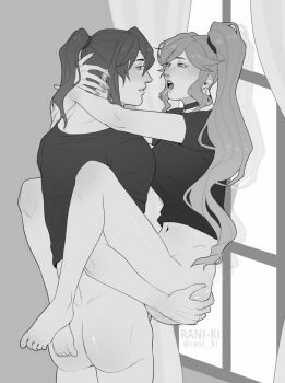 1boy 1girl against_wall ass black_shirt bottomless breasts commentary commission fire_emblem fire_emblem:_genealogy_of_the_holy_war greyscale highres ishtar_(fire_emblem) large_breasts monochrome navel nintendo open_mouth rani_ki saliva saliva_trail seliph_(fire_emblem) sex shirt side_ponytail suspended_congress thighs