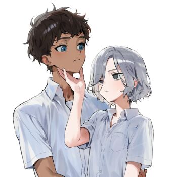 2boys bags_under_eyes black_eyes black_hair blue_eyes blush collared_shirt curly_hair dark-skinned_male dark_skin dungeon_meshi elf grey_hair hand_on_another&#039;s_chin kabru lazy_eye male_focus mayomayoland mithrun multiple_boys notched_ear pointy_ears shirt short_hair short_sleeves simple_background uneven_eyes upper_body white_background white_shirt yaoi
