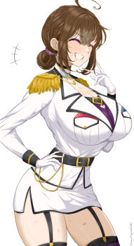 Rule 34 | 1girl, ahoge, breasts, brown hair, chamumi (mochiumee), closed mouth, cowboy shot, epaulettes, female admiral (kancolle), folded ponytail, garter belt, gloves, green eyes, highres, jacket, kantai collection, large breasts, looking at viewer, military jacket, miniskirt, navel, open mouth, original, pencil skirt, simple background, sitting, skirt, smile, solo, white background, white gloves, white jacket