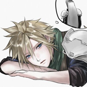 2boys 3_3lecho absurdres armor black_coat black_shirt blonde_hair blue_eyes cloud_strife coat commentary crisis_core:_final_fantasy_vii facing_away final_fantasy final_fantasy_vii green_scarf grey_background grey_hair head_on_arm highres imagining long_hair looking_to_the_side male_focus multiple_boys pauldrons scarf sephiroth shinra_infantry_uniform shirt short_hair shoulder_armor simple_background sleeves_rolled_up spiked_hair suspenders symbol-only_commentary upper_body very_long_hair white_background yaoi