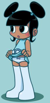 1girl belt black_hair blue_background blue_dress blue_eyes blush boots bow bow_panties cartoon_network clothes_lift crotch_seam dark_skin double_bun dress dress_lift flat_chest hair_bun lola_mbola looking_to_the_side open_mouth panties pink_bow robotboy romyu_(pixiv_34186) sleeveless sleeveless_dress standing thigh_boots underwear white_belt white_boots white_panties