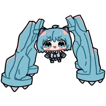 1girl ahoge alternate_hairstyle aqua_eyes aqua_hair blush_stickers chibi detached_sleeves gen_3_pokemon hatsune_miku long_hair metagross necktie nintendo pleated_skirt pokemon quad_tails skirt smile solo very_long_hair vocaloid yukkuri_yuduki