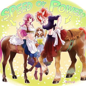 3girls animal_ears apron basket blouse boots breasts brown_hair carrot centaur cleavage commentary_request highres hooves horse_ears horse_tail midriff monster_girl multiple_girls multiple_legs navel original purple_hair red_hair shirayujk shirt skirt tail taur