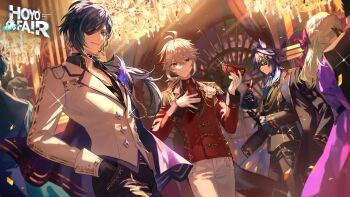 2girls 5boys absurdres alternate_costume animal_ear_fluff animal_ears bat_ears black_gloves black_pants black_shirt blue_eyes blue_hair closed_mouth cup dark-skinned_male dark_skin drinking_glass earrings eyepatch facial_mark genshin_impact gloves hair_between_eyes heterochromia highres holding holding_cup holding_mask hoyofair jacket jewelry kaedehara_kazuha kaeya_(genshin_impact) koujisako long_hair long_sleeves male_focus mask multicolored_hair multiple_boys multiple_girls necktie official_art ororon_(genshin_impact) pants ponytail red_eyes red_hair red_jacket red_mask red_necktie second-party_source shirt smile streaked_hair white_hair white_shirt wine_glass