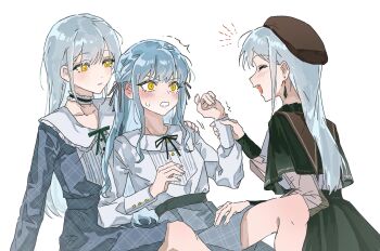 3girls absurdres bang_dream! bang_dream!_it&#039;s_mygo!!!!! beret black_capelet black_choker black_ribbon black_skirt blue_dress blue_hair blush capelet choker closed_eyes commentary dress dual_persona earrings frilled_choker frills grey_skirt hair_ribbon hat highres holding_another&#039;s_wrist inumi_(780956) jewelry long_hair mortis_(bang_dream!) mortis_(costume)_(bang_dream!) mortis_(persona)_(bang_dream!) multiple_girls neck_ribbon open_mouth plaid_clothes plaid_dress red_hat ribbon shirt sidelocks simple_background skirt teeth togawa_sakiko unmoving_pattern upper_teeth_only wakaba_mutsumi white_background white_shirt yellow_eyes yuri