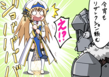Rule 34 | 10s, 1girl, boots, goblin slayer, goblin slayer!, highres, ogyadya, peeing, priestess (goblin slayer!), thigh boots, thighhighs, translation request