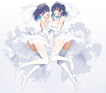 2girls absurdres ass asymmetrical_docking bare_shoulders bareback blue_eyes blue_hair blush breast_press breasts breasts_squeezed_together bridal_lingerie bridal_veil bride clothes_pull detached_sleeves dress dress_pull earrings female_focus full_body garter_belt garter_straps hand_to_own_mouth high_heels highres hoshizuki_kaede hoshizuki_suzu jewelry kaede_to_suzu kneehighs kyokucho lace lace-trimmed_panties lace-trimmed_sleeves lace-trimmed_thighhighs lace_trim legs licking_finger licking_own_finger lingerie long_skirt looking_at_viewer medium_breasts multiple_girls open_mouth orange_eyes panties shoes short_hair siblings simple_background sisters skirt small_breasts socks strapless strapless_dress string_panties thighhighs thighs tiara tongue tongue_out twins underwear veil wedding_dress white_background white_dress white_garter_belt white_garter_straps white_shoes white_skirt white_sleeves white_socks white_thighhighs