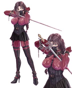 Rule 34 | 1girl, absurdres, black corset, bodysuit, boots, bound, braid, braided twintails, breasts, brown hair, commentary request, corset, garter straps, green eyes, hair over shoulder, high heel boots, high heels, highres, holding, holding sword, holding weapon, lace-up boots, large breasts, latex, latex bodysuit, leveen, mask, multiple views, original, rapier, respirator, simple background, single braid, sword, thigh boots, third-party source, tied up (nonsexual), weapon, white background