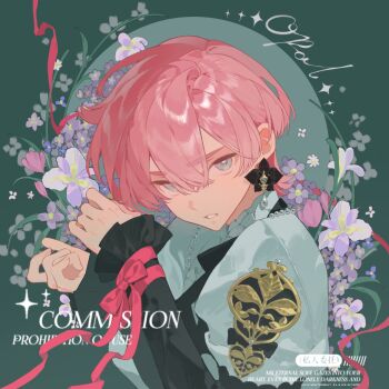 Rule 34 | 1boy, bao rong, commission, earrings, flower, green eyes, hair between eyes, highres, jewelry, long sleeves, looking at viewer, male focus, mihuashi commission, original, parted lips, pink flower, pink hair, pink ribbon, purple flower, ribbon, short hair, sidelocks, single earring, solo, square, upper body, watermark, white flower