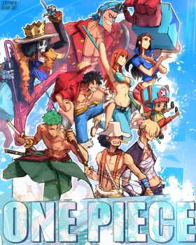 2girls 6+boys absurdres antlers bikini bikini_top_only black_hair blonde_hair blue_hair blue_jacket blue_shorts brook_(one_piece) cane commentary copyright_name crossed_arms crown denim feather_boa franky_(one_piece) green_hair hair_slicked_back hat highres holding holding_cane holding_sword holding_weapon horns jacket jacket_on_shoulders jeans long_hair long_nose looking_ahead monkey_d._luffy multiple_boys multiple_girls nami_(one_piece) navel nico_robin one_piece orange_hair pants pink_sarong pompadour red_shirt reindeer_antlers roronoa_zoro sanji_(one_piece) sarong sash scar scar_on_chest scar_on_face shirt short_hair shorts sideburns sidelocks skeleton stephengiannart stitched_torso stitches straw_hat_pirates suspenders swimsuit sword tony_tony_chopper usopp weapon wristband