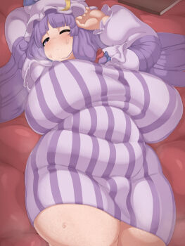 1girl alternate_body_size blue_bow blush book bow breasts closed_mouth commentary cowboy_shot crescent crescent_hat_ornament english_commentary fat fat_woman hair_bow hair_spread_out hat hat_ornament highres huge_breasts icecube2lazy long_sleeves lying on_back patchouli_knowledge purple_hair purple_hat solo sweat thick_thighs thighs touhou
