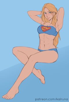 1girl bikini blonde_hair blue_bikini dc_comics full_body kalruna solo strapless strapless_bikini supergirl swimsuit