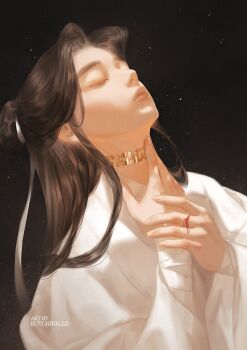 Rule 34 | 1boy, artist name, backlighting, bandaged wrist, bandages, bishounen, black background, brown hair, butchinelle, chinese clothes, closed eyes, closed mouth, cursed shackle, curtained hair, dark background, expressionless, eyelashes, fingernails, gradient background, grey background, hair bun, hair ribbon, hand on own neck, hand on own wrist, hands up, hanfu, head back, highres, leaning back, light particles, lips, long eyelashes, long hair, long sidelocks, male focus, neck tattoo, parted bangs, puffy lips, ribbon, sidelocks, simple background, single hair bun, straight hair, string, string around finger, string of fate, tattoo, thick eyebrows, tianguan cifu, upper body, very long hair, white hanfu, white ribbon, wide sleeves, xie lian