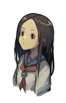 Rule 34 | absurdres, blue sailor collar, brown eyes, brown hair, highres, karakai jouzu no takagi-san, kornod, long hair, sailor collar, school uniform, shirt, takagi-san, upper body, white background, white shirt